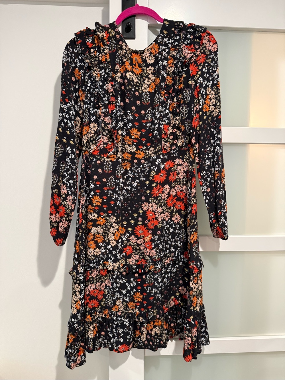 Anthropologie Floral Ruffle Long-Sleeve Dress in Black with Orange & Pink Blooms